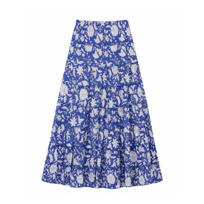 Yumi Women's  Blue Floral Cotton Tiered Maxi Skirt