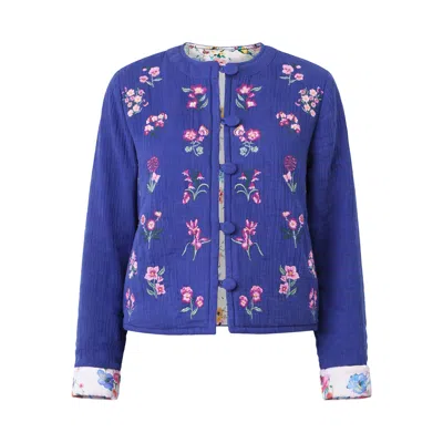Yumi Women's  Blue Floral Embroidery Cotton Jacket