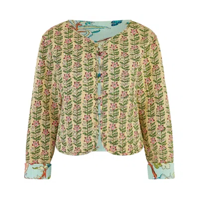 Yumi Women's  Blue Floral Print Reversible Cotton Cropped Quilted Jacket