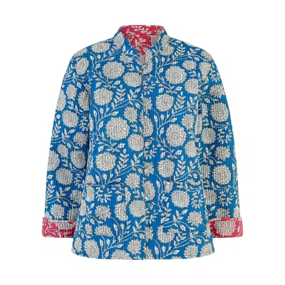 Yumi Women's  Blue Floral Print Reversible Cotton Quilted Jacket