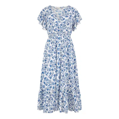 Yumi Women's  Blue Floral Printed Broderie Anglaise Ruched Waist Midi Dress