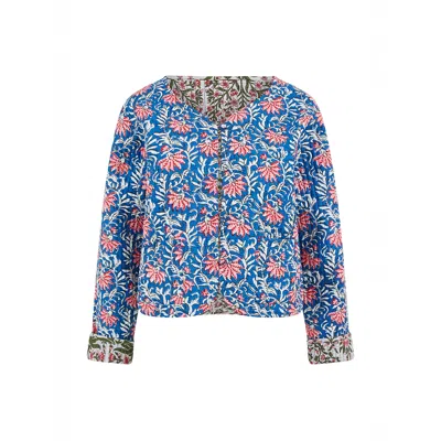Yumi Women's  Blue Floral Reversible Cotton Quilted Jacket