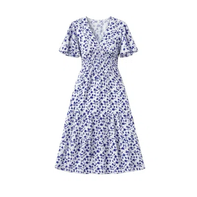Yumi Women's  Blue Floral Ruched Waist Midi Dress With Angel Sleeves