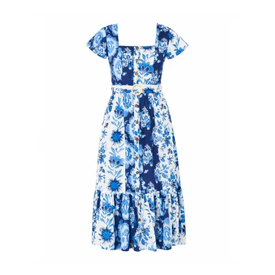 Yumi Women's  Blue Floral Viscose Midi Shirt Dress With Matching Belt