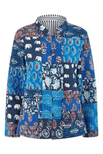 Yumi Women's  Blue Indian Patchwork Print Reversible Cotton Quilted Jacket
