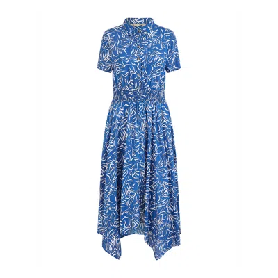 Yumi Women's  Blue Leaf Print Dip Hem Midi Shirt Dress