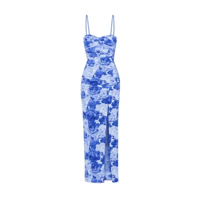 Yumi Mesh Ruched Midi Dress In Blue