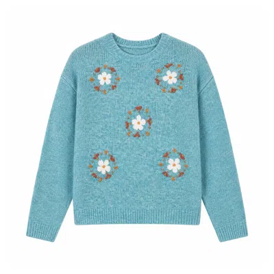 Yumi Women's  Blue Patch Floral Embroidered Relaxed Jumper