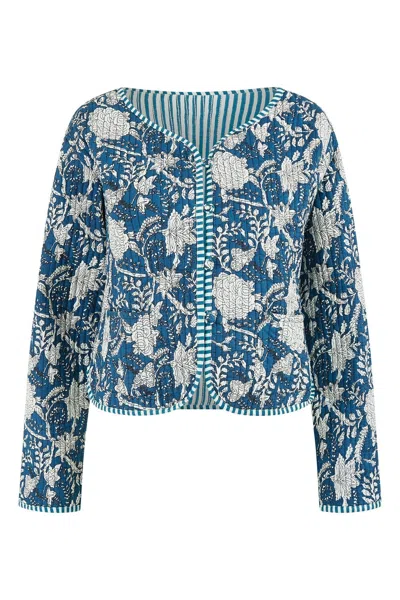 Yumi Women's  Blue Patchwork Print Reversible Cotton Quilted Jacket