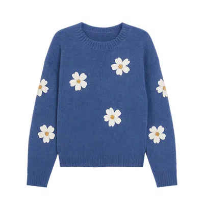 Yumi Women's  Blue Relaxed Jumper With Crochet Flowers