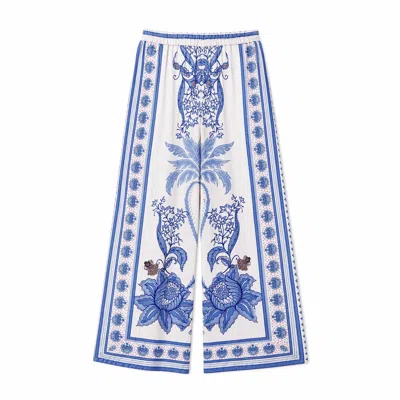 Yumi Women's  Blue Satin Print Placement Relaxed Trousers