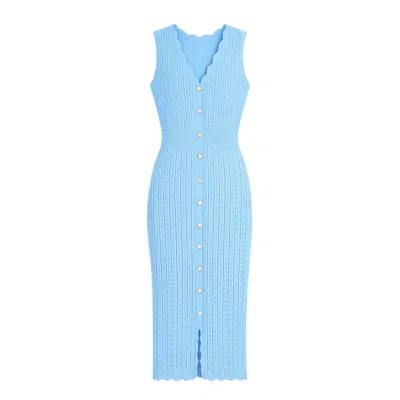 Yumi Women's  Blue Scallop Edge Crochet Knitted Midi Dress