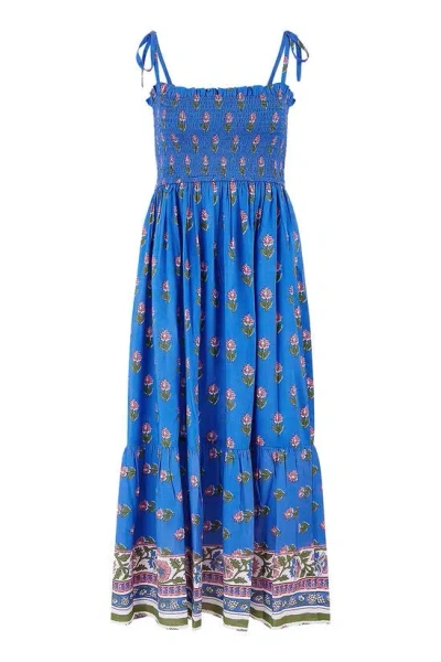 Yumi Women's  Blue Strappy Paisley Print Midi Dress With Ruched Bodice