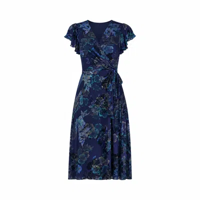 Yumi Women's  Blue Velvet Floral Wrap Midi Dress