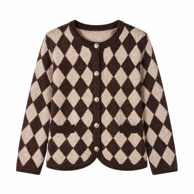 Yumi Women's  Brown Argyll Knit Cardigan