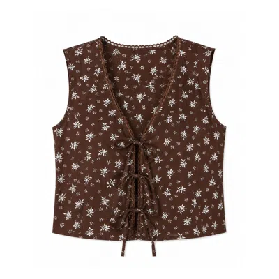 Yumi Women's  Brown Cotton Daisy Print Waistcoat Top