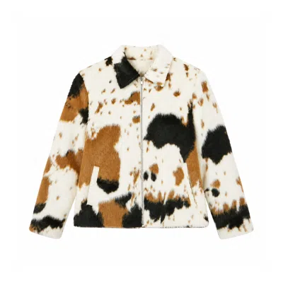 Yumi Women's  Brown Cow Print Faux Fur Zip Jacket In Multi