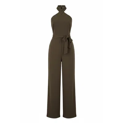 Yumi Women's  Brown Cross Over Halter Neck Jumpsuit