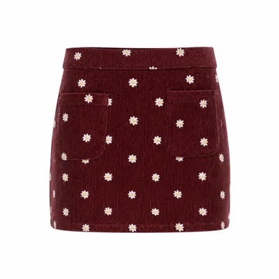 Yumi Women's  Brown Daisy Embroidered Cord Mini Skirt