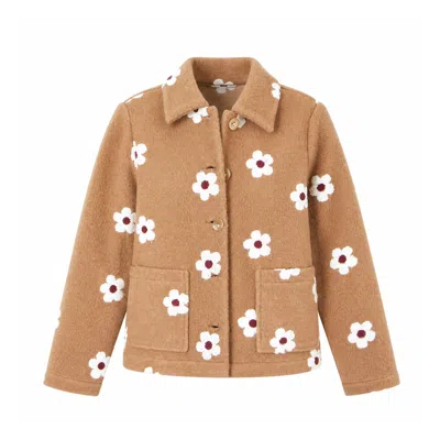 Yumi Women's  Brown Embroidered Daisy Fleece Jacket In Neutral