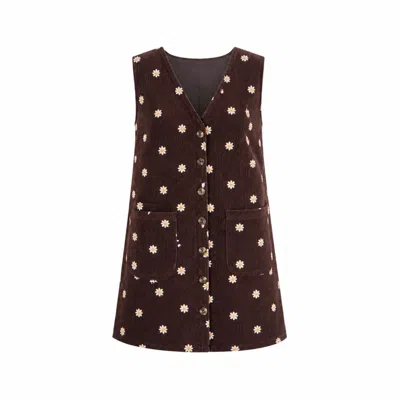 Yumi Women's  Brown Embroidered Daisy Pinafore Dress