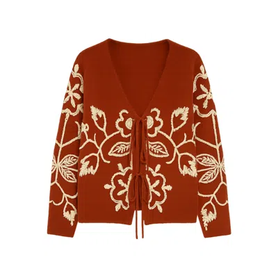 Yumi Women's  Brown Folk Embroidered Tie Front Cardigan