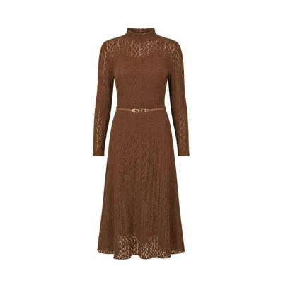 Yumi Women's  Brown High Neck Lace Midi Dress