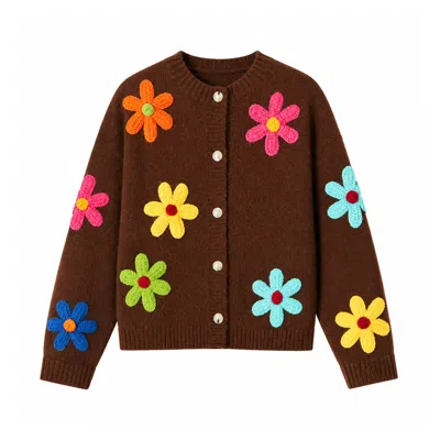 Yumi Women's  Brown Knitted Flower Applique Cardigan