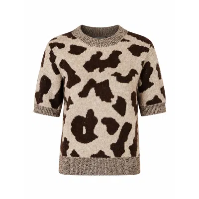 Yumi Women's  Brown Leopard Intarsia Short Sleeve Jumper In Multi