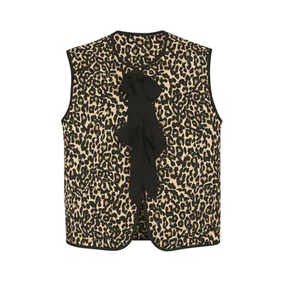 Yumi Women's  Brown Leopard Print Waistcoat With Bow Ties