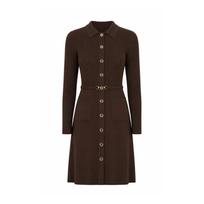 Yumi Women's  Brown Rib Knit Midi Shirt Dress With Snaffle Belt