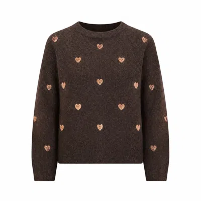 Yumi Women's  Brown Sequin Heart Relaxed Jumper