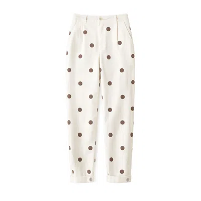 Yumi Women's  Brown Spot Print Cotton Canvas Chinos In White