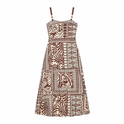 Yumi Women's  Brown Tile Print Maxi Dress With Bead Details