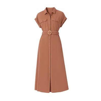 Yumi Viscose Linen Look Midi Shirt Dress In Brown