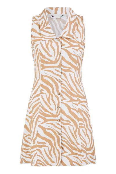 Yumi Women's  Brown Zebra Print Collar Sleeveless Shirt Mini Dress