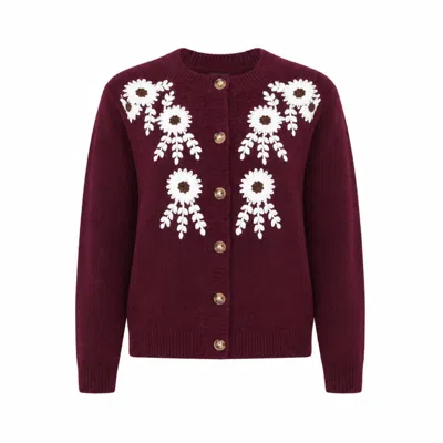 Yumi Women's  Burgundy Floral Embroidered Cardigan In Red