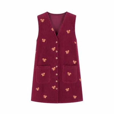 Yumi Women's  Burgundy Squirrel Embroidered Button Up Pinafore Dress In Red