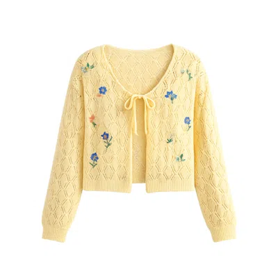Yumi Women's  Butter Yellow Embroidered Pointelle Cardigan