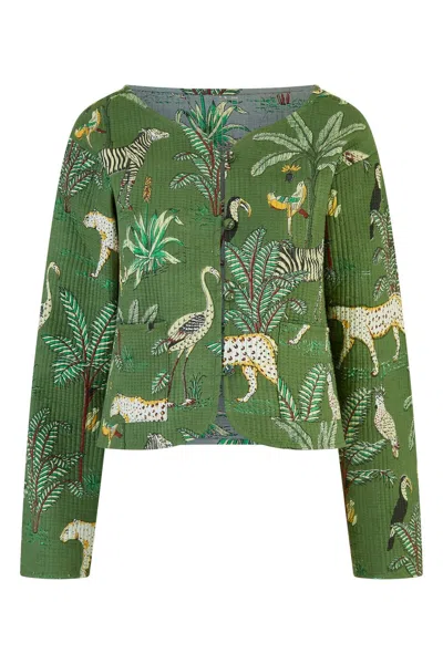 Yumi Women's  Green Animal Print Reversible Cotton Cropped Quilted Jacket
