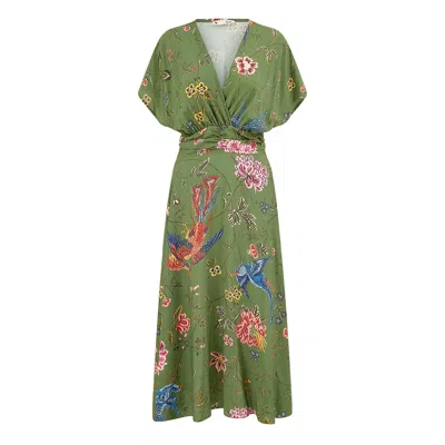 Yumi Women's  Green Bird & Floral Print Ruched Waist Kimono Midi Dress