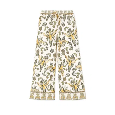 Yumi Women's  Green Bird Print Viscose Wide Leg Trousers