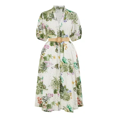 Yumi Women's  Green Cotton Broderie Anglaise Midi Shirt Dress