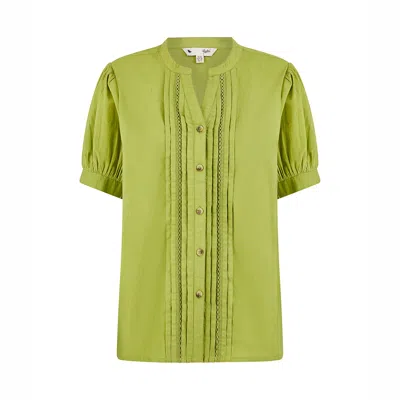 Yumi Women's  Green Cotton Pleated Short Sleeve Shirt