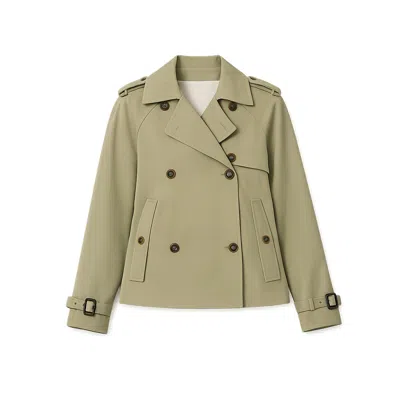 Yumi Women's  Green Cropped Trench Jacket With Pockets & Check Lining