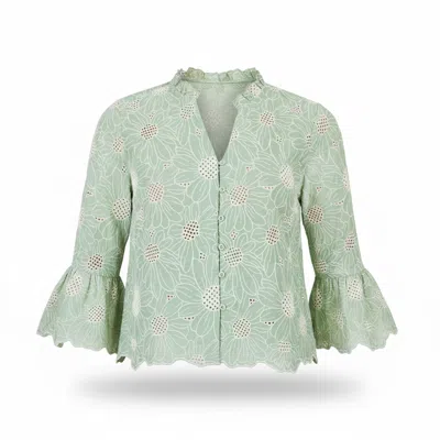 Yumi Women's  Green Daisy Broderie Shirt With Fluted Sleeves