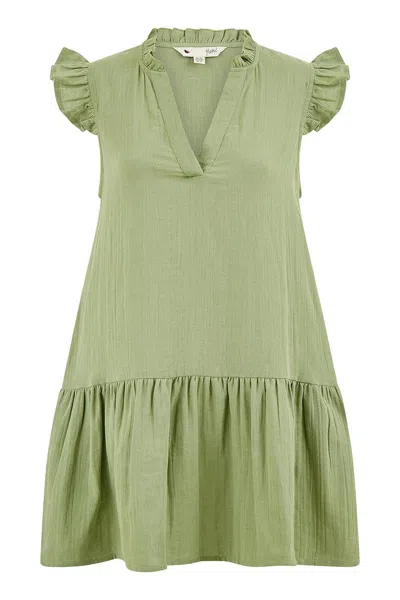 Yumi Women's  Green Double Cotton Tunic With Frill Sleeves