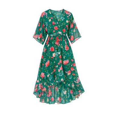 Yumi Floral Dip Hem Kimono Wrap Dress In Metallic