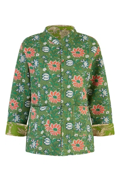 Yumi Women's  Green Floral Print Reversible Cotton Quilted Jacket
