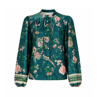 Yumi Women's  Green Floral Velvet Blouse With Tie Neckline